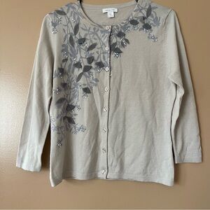 Garnet Hill Taupe Embellished Beaded Lightweight Merino Wool Cardigan medium